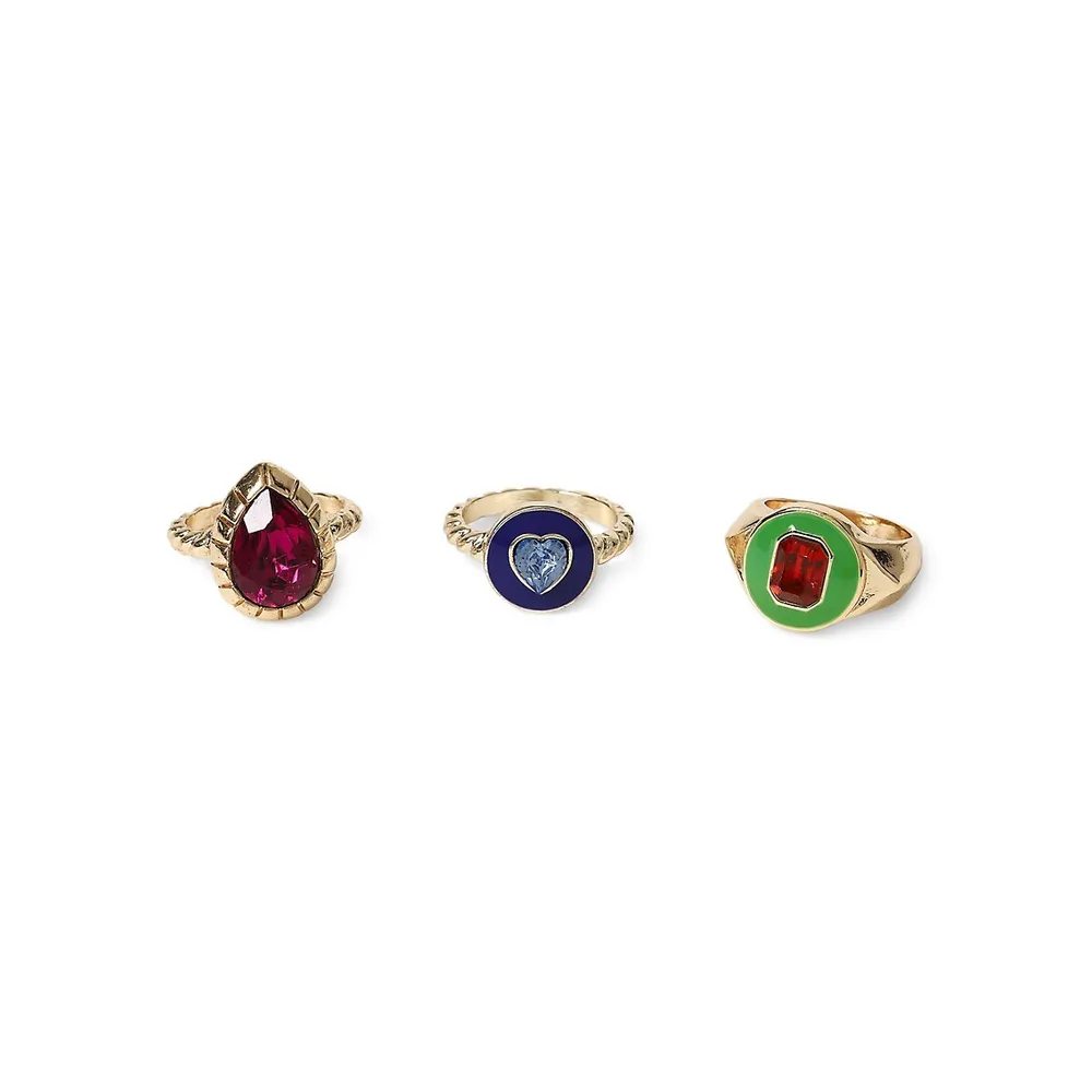 Goldtone, Enamel and Faux Gem 3-Piece Ring Set