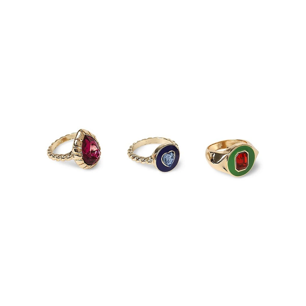 Goldtone, Enamel and Faux Gem 3-Piece Ring Set