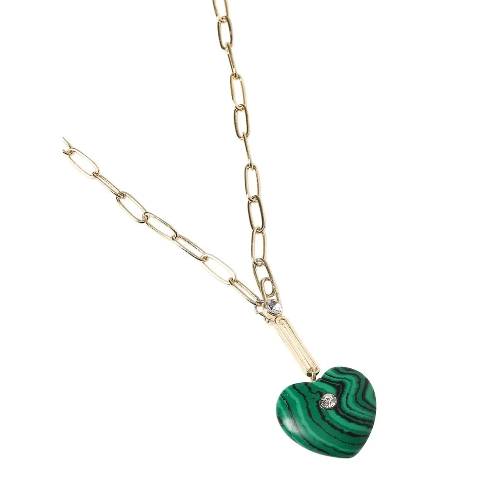 Goldtone, Glass Crystal and Malachite Heart Pendant Necklace