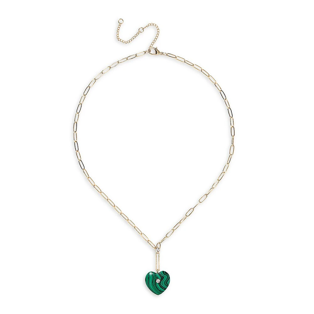 Goldtone, Glass Crystal and Malachite Heart Pendant Necklace