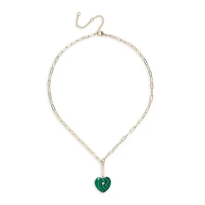 Goldtone, Glass Crystal and Malachite Heart Pendant Necklace