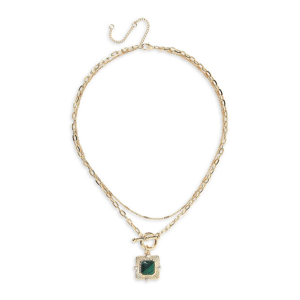 Goldtone Malachite Multi-Row Toggle Pendant Necklace