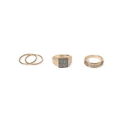 Goldtone and Glass Crystal 3-Piece Ring Set