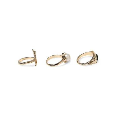 Goldtone, Faux Pearl and Glass Stone 3-Piece Ring Set