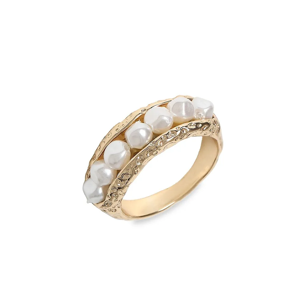 Goldtone and Faux Pearl Molten Ring