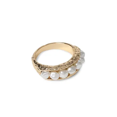 Goldtone and Faux Pearl Molten Ring