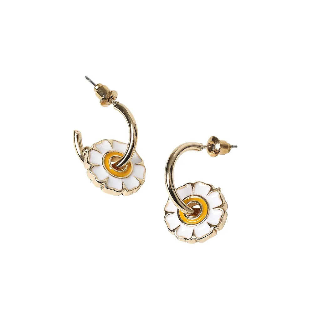 Goldtone Daisy Charm Drop Hoop Earrings