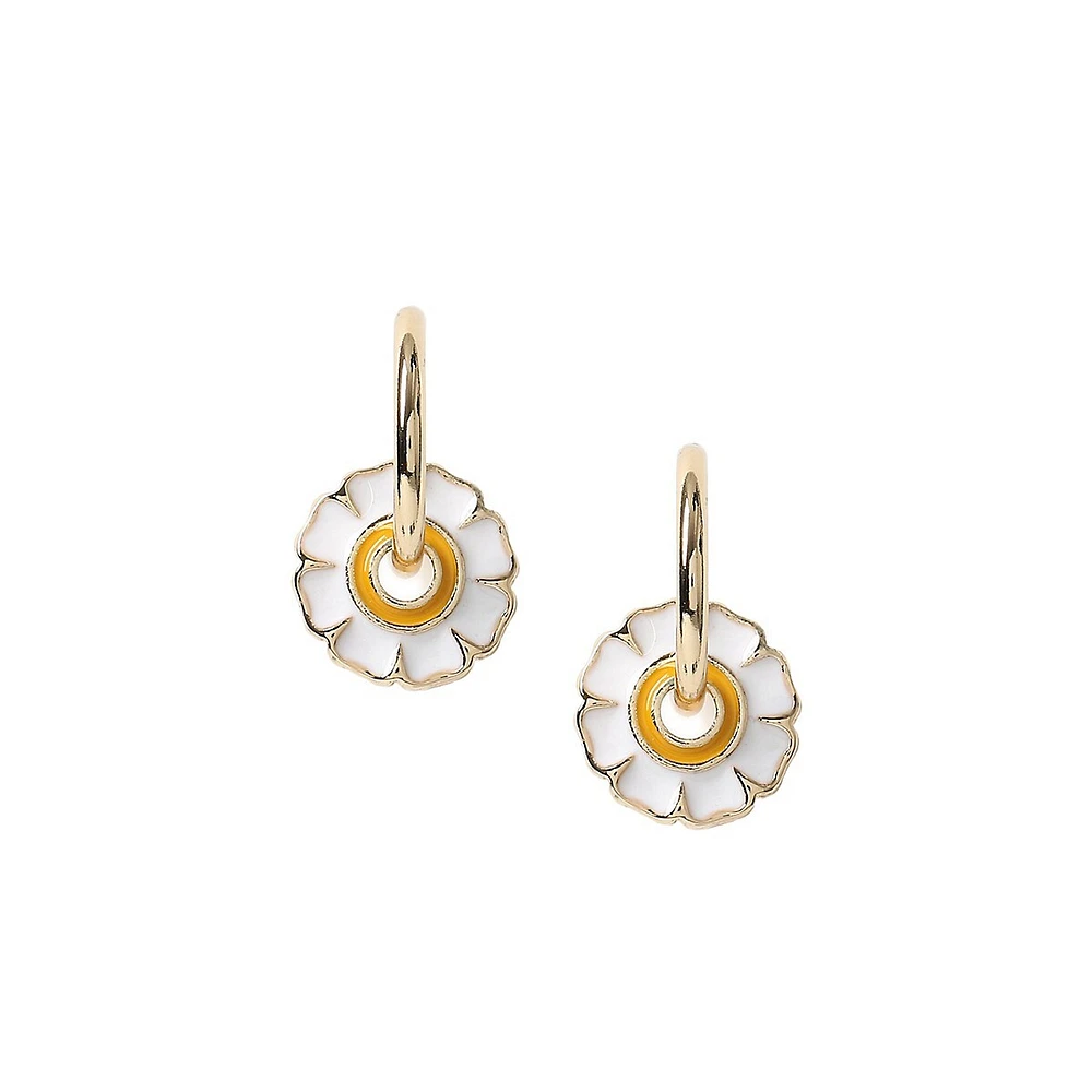 Goldtone Daisy Charm Drop Hoop Earrings