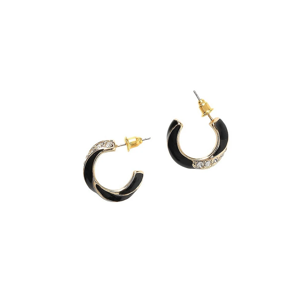 Goldtone, Black Enamel & Glass Crystal Hoop Earrings