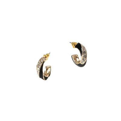 Goldtone, Black Enamel & Glass Crystal Hoop Earrings