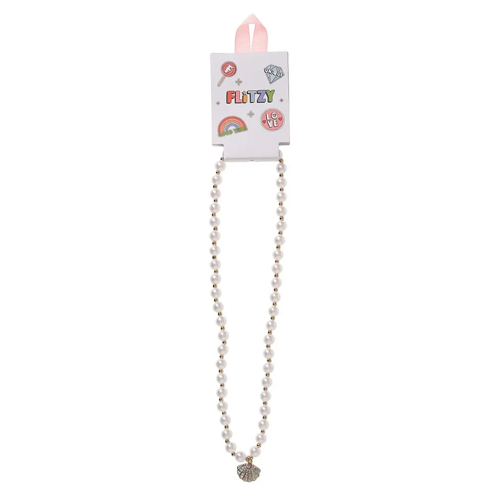 Kid's Goldtone, Faux Pearl & Crystal Shell Necklace