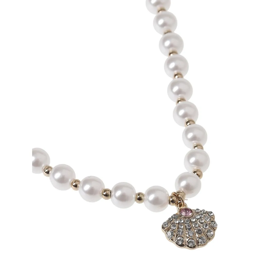 Kid's Goldtone, Faux Pearl & Crystal Shell Necklace