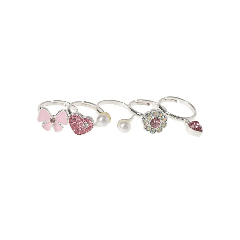 Kid's 5-Pair Silvertone, Faux Pearl & Crystal Bow Ring Set