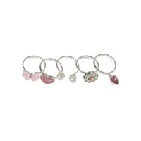 Kid's 5-Pair Silvertone, Faux Pearl & Crystal Bow Ring Set