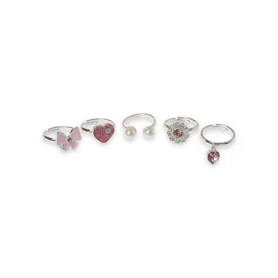 Kid's 5-Pair Silvertone, Faux Pearl & Crystal Bow Ring Set
