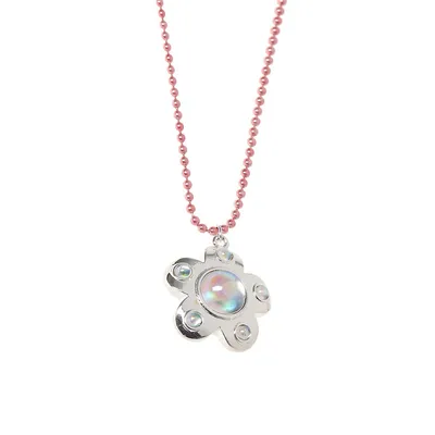 Kid's Pink-Tone & Stone Flower Locket Necklace