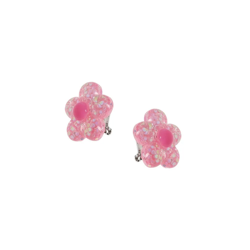 Kid's Silvertone Glitter Flower Earrings