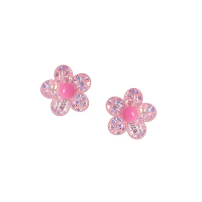Kid's Silvertone Glitter Flower Earrings