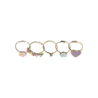 Kid's 5-Pair Goldtone & Crystal Charm Happy Ring Set