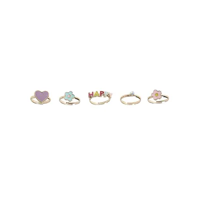 Kid's 5-Pair Goldtone & Crystal Charm Happy Ring Set