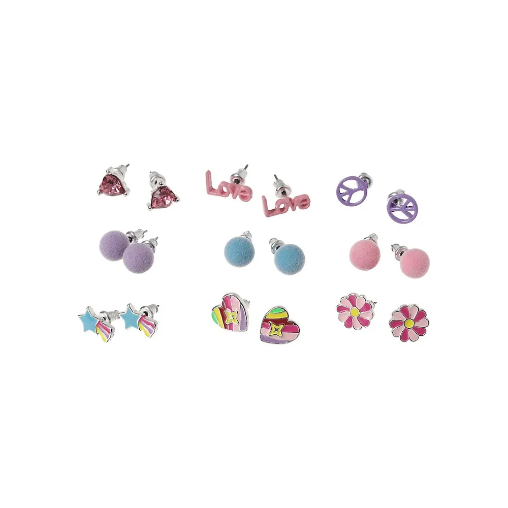 Kid's Silvertone 9-Pair Pom Pom Stud Earrings Set