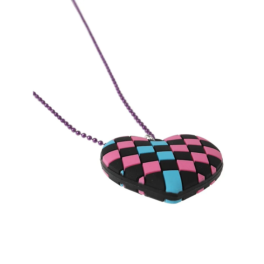 Kid's Purple-Tone Squishy Heart Check Pendant Necklace