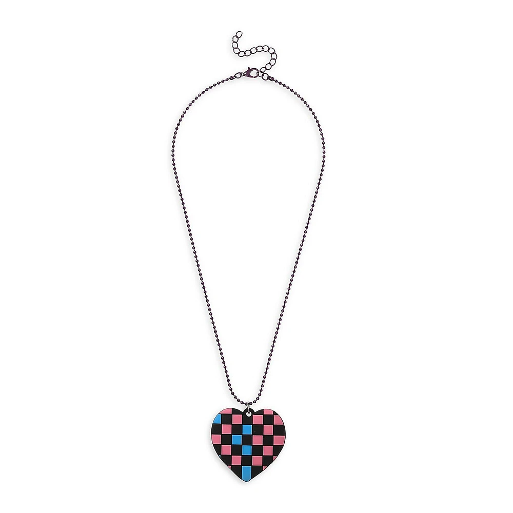 Kid's Purple-Tone Squishy Heart Check Pendant Necklace