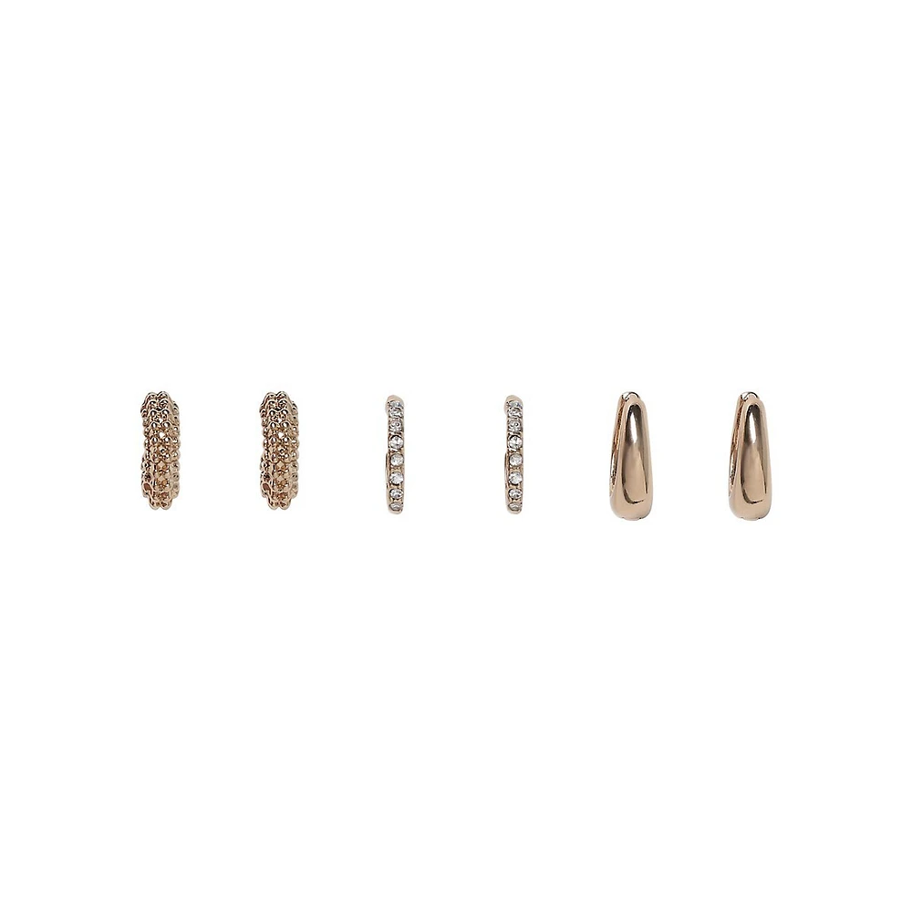 Goldtone & Glass Crystal 3-Pair Hoop Earring Set