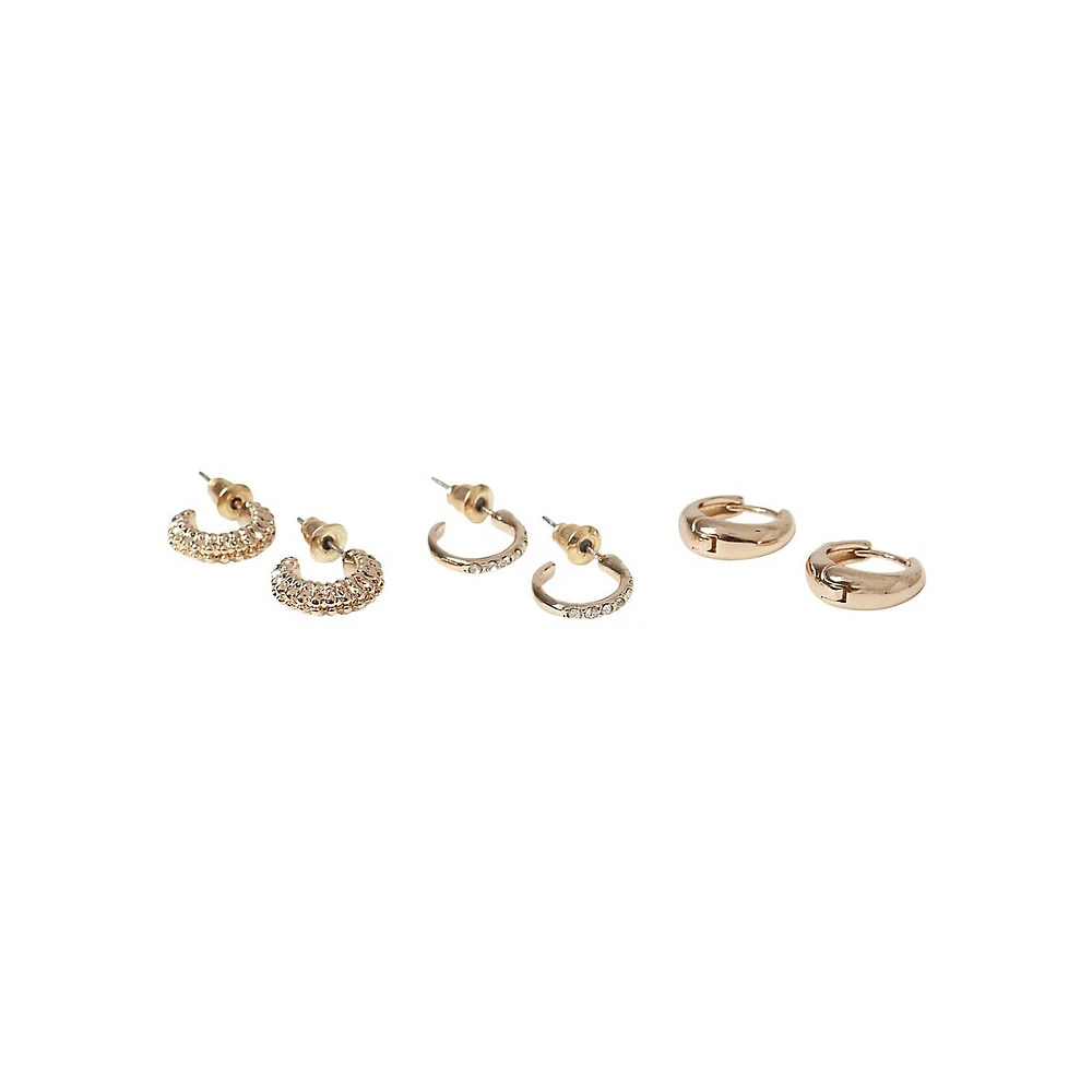 Goldtone & Glass Crystal 3-Pair Hoop Earring Set