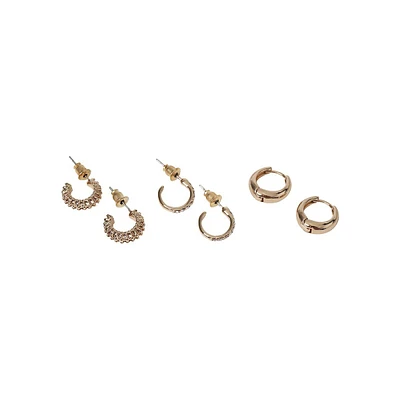 Goldtone & Glass Crystal 3-Pair Hoop Earring Set