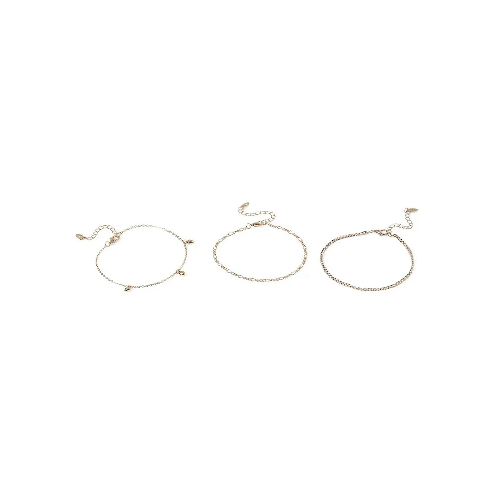 3-Piece Goldtone & Crystal Anklet Set