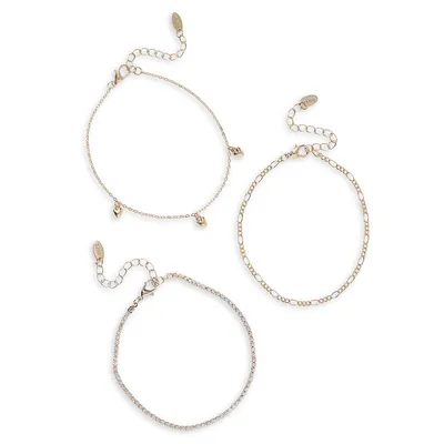 3-Piece Goldtone & Crystal Anklet Set