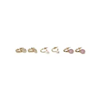 3-Pair Goldtone, 3MM Pearl & Stone Huggie Hoop Earrings