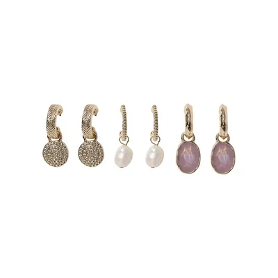 3-Pair Goldtone, 3MM Pearl & Stone Huggie Hoop Earrings