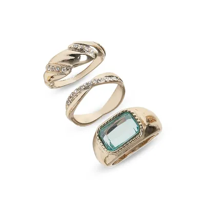 3-Piece Goldtone, Crystal & Stone Stacking Ring Set