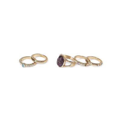 5-Piece Goldtone & Multi-Stone Ring Set