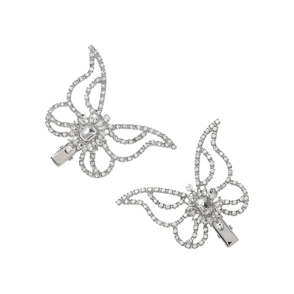 2-Piece Silvertone & Crystal Butterfly Alligator Clip Set