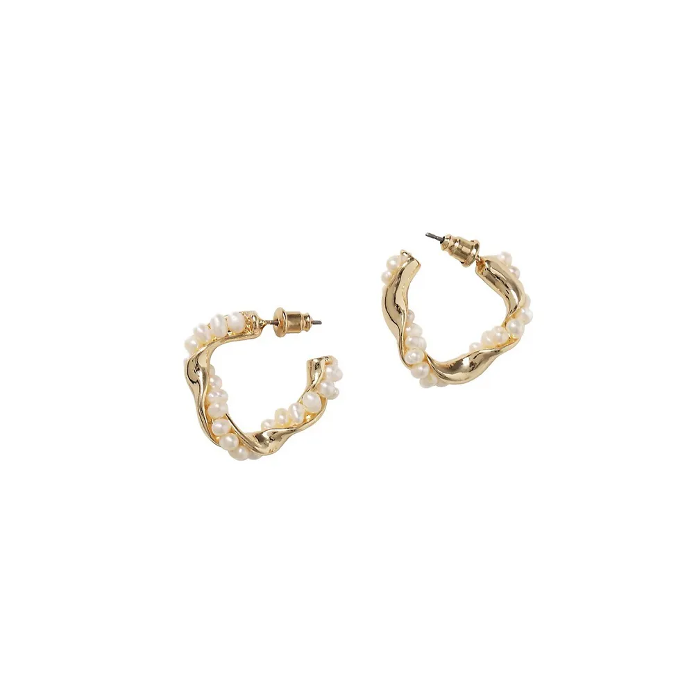 Goldtone & Faux-Pearl Twisted Hoop Earrings