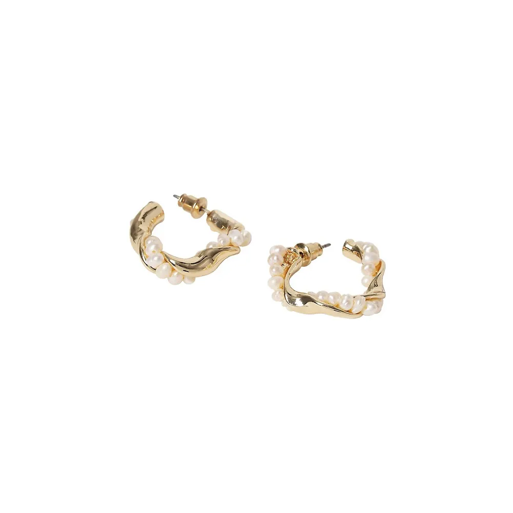 Goldtone & Faux-Pearl Twisted Hoop Earrings