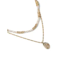 Goldtone, Crystal & 10MM Pearl Multirow Pendent Necklace
