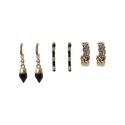 Ensemble de 3 paires de boucles d'oreilles dorées, à pierres semi-précieuses et à perles