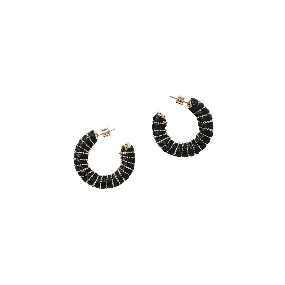 Goldtone & Black Raffia Wrapped Huggie Hoop Earrings