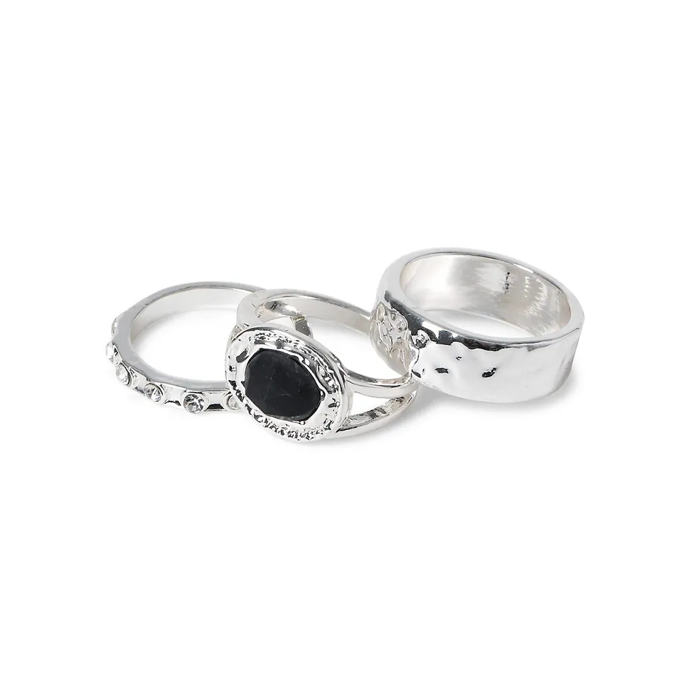 Silvertone & Black Stone 3-Piece Ring Set