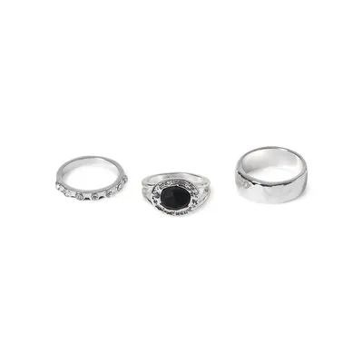 Silvertone & Black Stone 3-Piece Ring Set
