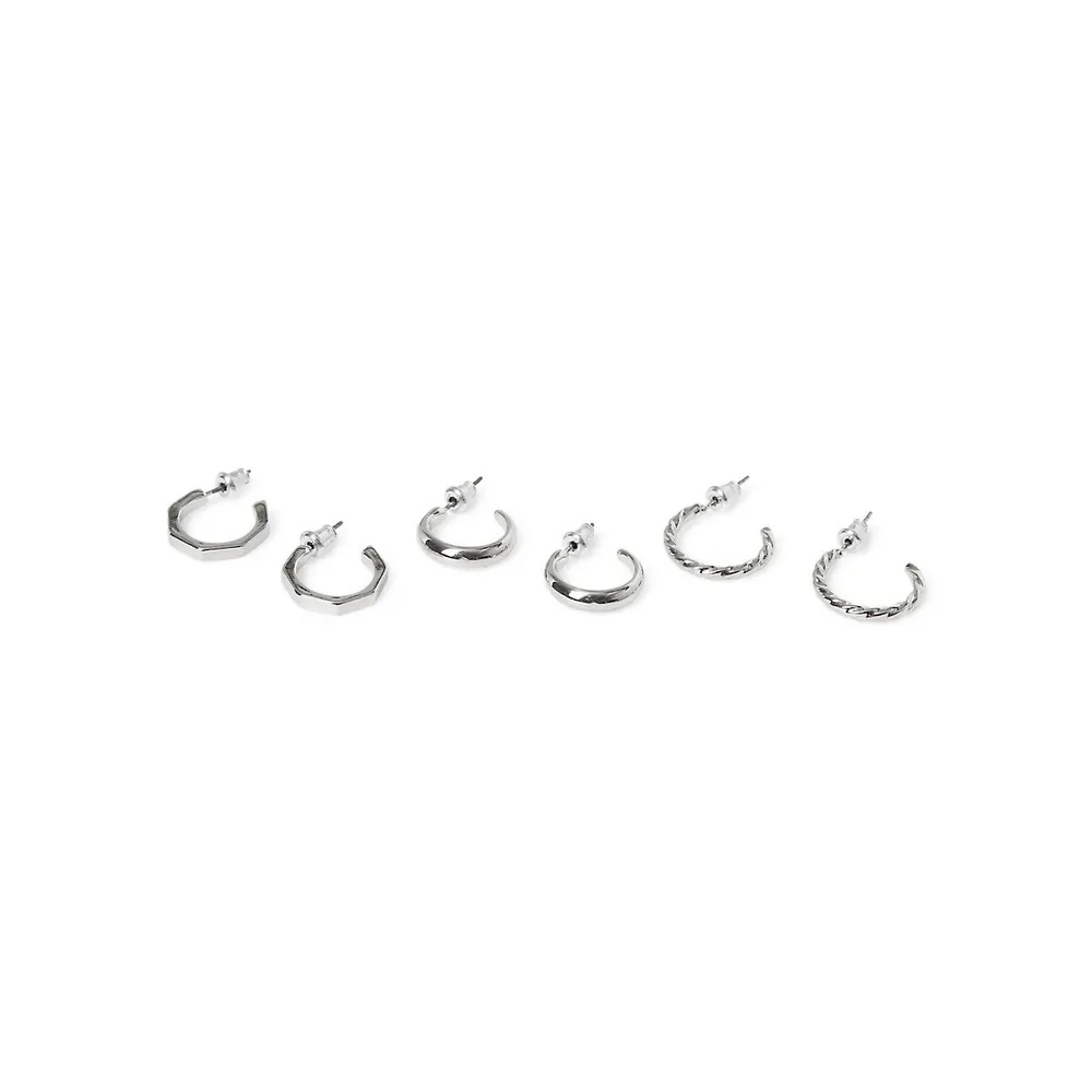 Silvertone 3-Pair Hoop Earring Set