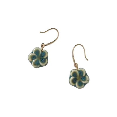 Goldtone and Blue Ceramic Flower Drop Earrings