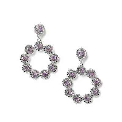 Silvertone and Crystal Flower Circle Drop Earrings