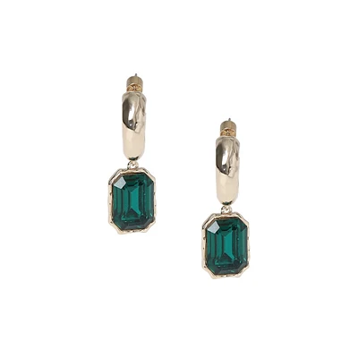 Goldtone & Green Stone Huggie-Hoop Drop Earrings