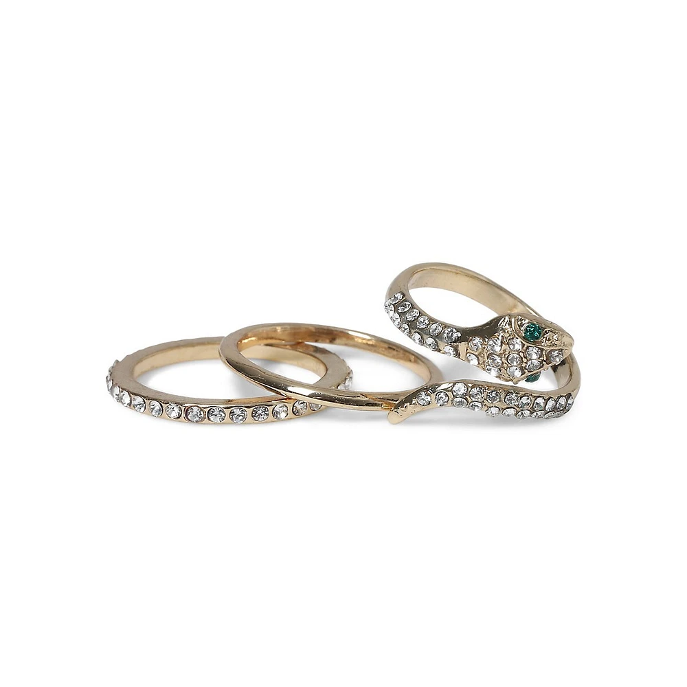 Goldtone & Pavé Rhinestone 3-Piece Snake Ring Set