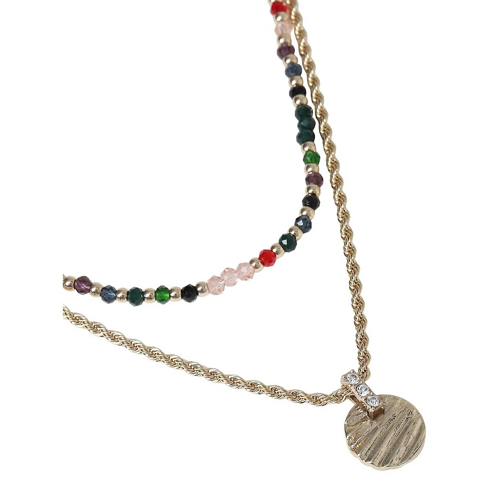 Goldtone, Glass Bead & Rhinestone Two-Tier Pendant Necklace